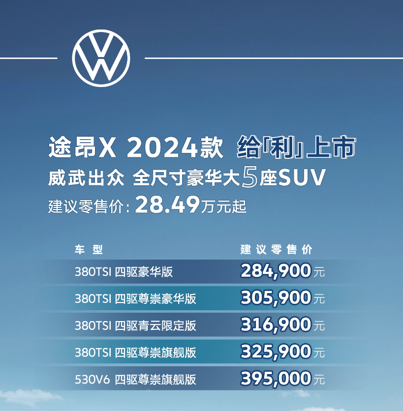 动力配置双升级 全尺寸豪华大五座SUV途昂X 2024款给“利”上市